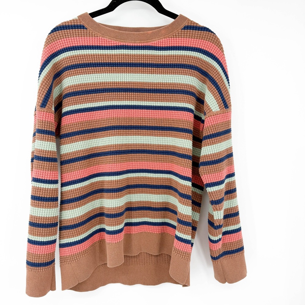 REI Co-op Womens Medium Brown Striped Waffle Knit 100% Cotton Sweater Crewneck